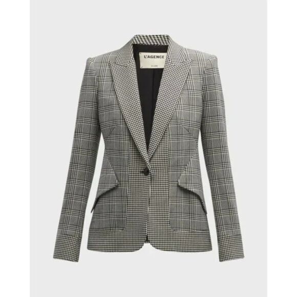L'AGENCE Chamberlain Grey Plaid Houndstooth Single Breasted Blazer Jacket - Picture 7 of 15